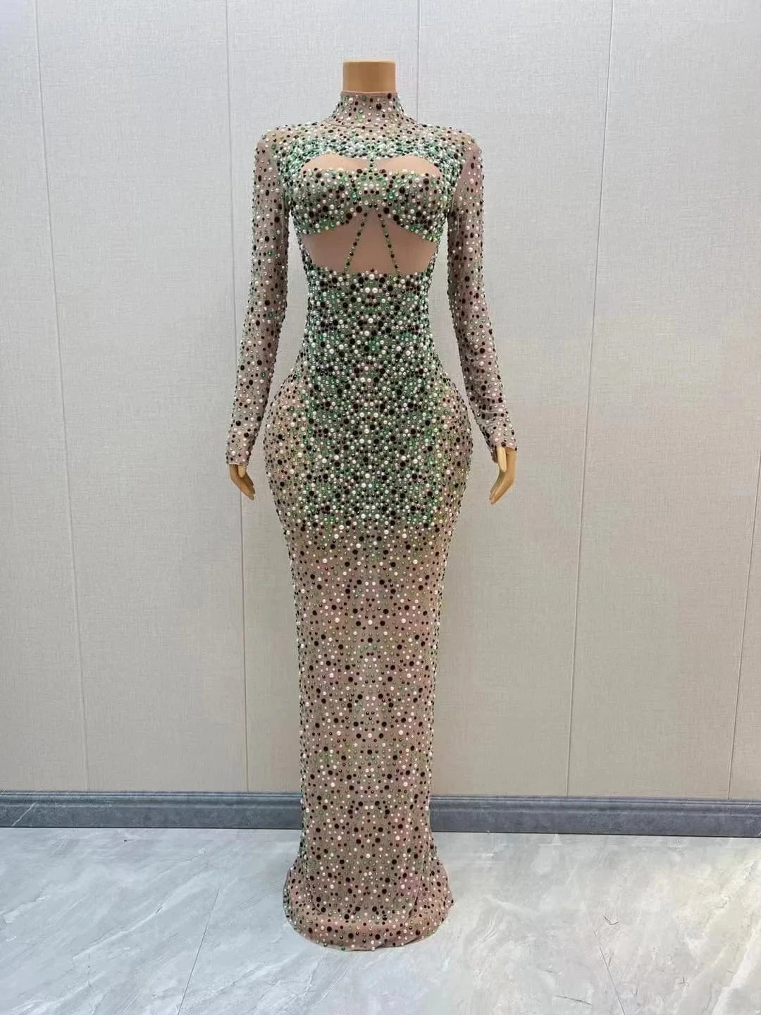 Missheko Pattern Green / S Rhinestones Mesh See Through Dress.