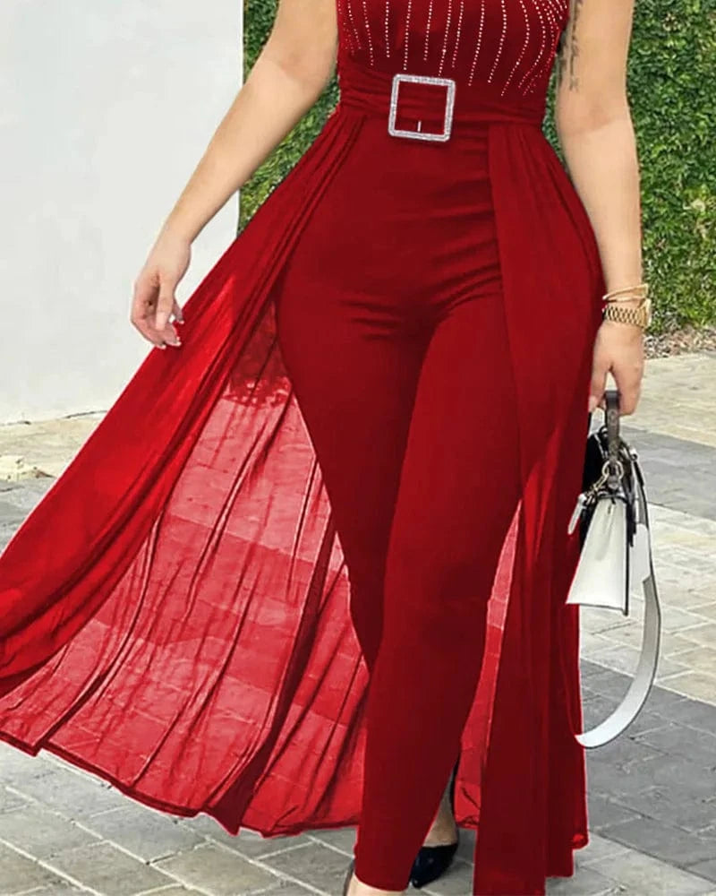 Missheko Round Neck Rhinestone Sheer Mesh Sleeveless Jumpsuit.