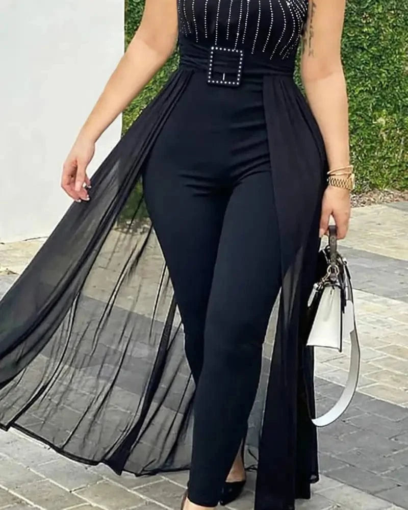 Missheko Round Neck Rhinestone Sheer Mesh Sleeveless Jumpsuit.