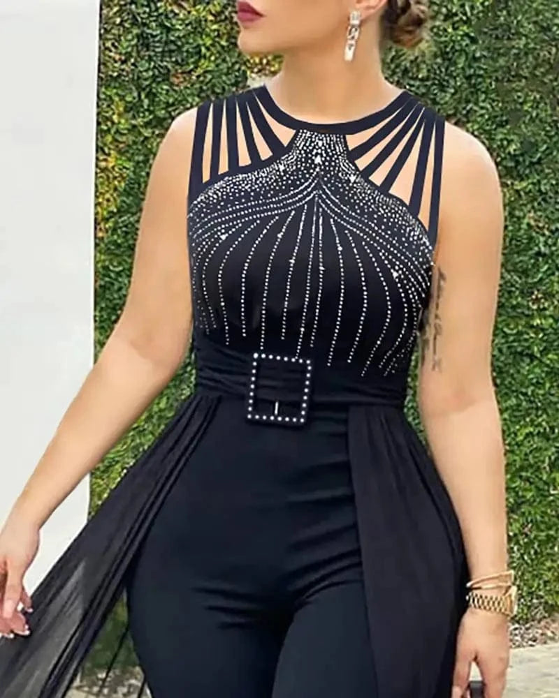 Missheko Round Neck Rhinestone Sheer Mesh Sleeveless Jumpsuit.