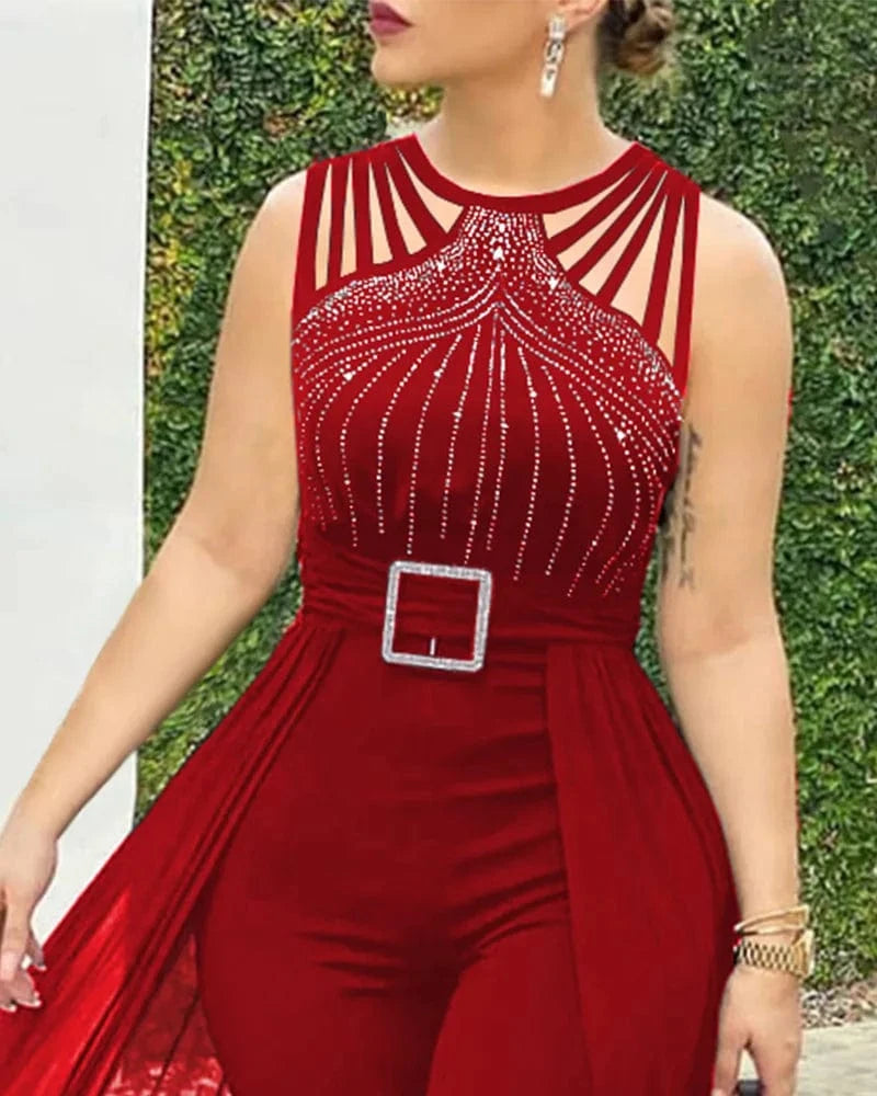 Missheko Round Neck Rhinestone Sheer Mesh Sleeveless Jumpsuit.