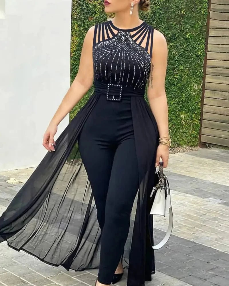 Missheko Round Neck Rhinestone Sheer Mesh Sleeveless Jumpsuit.