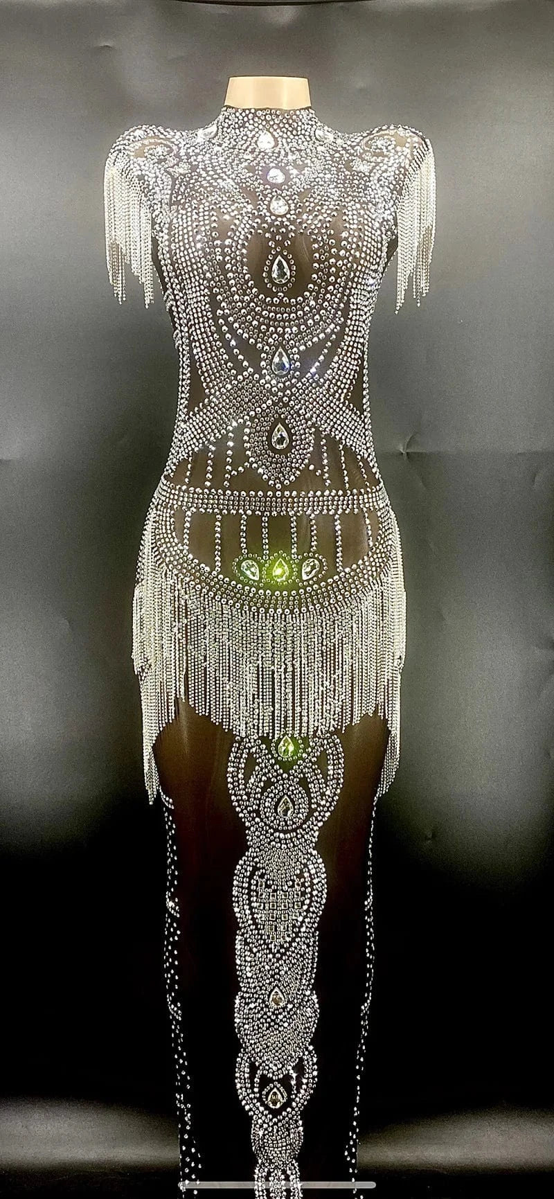 Missheko Silver Crystal Fringes Black Mesh Transparent Long.