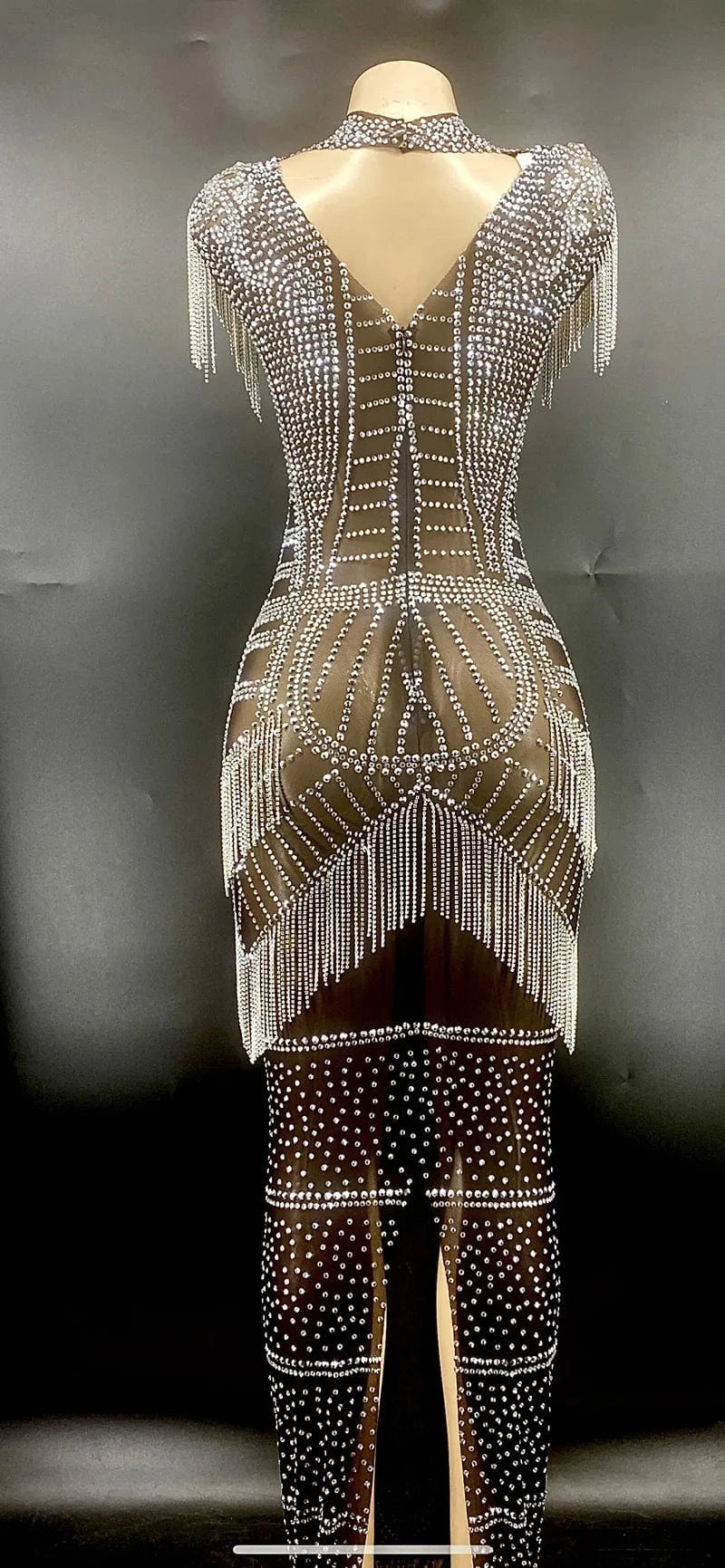 Missheko Silver Crystal Fringes Black Mesh Transparent Long.