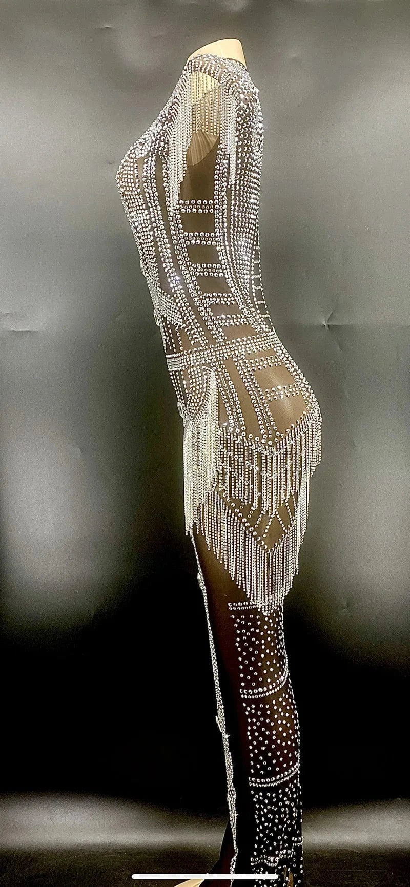 Missheko Silver Crystal Fringes Black Mesh Transparent Long.