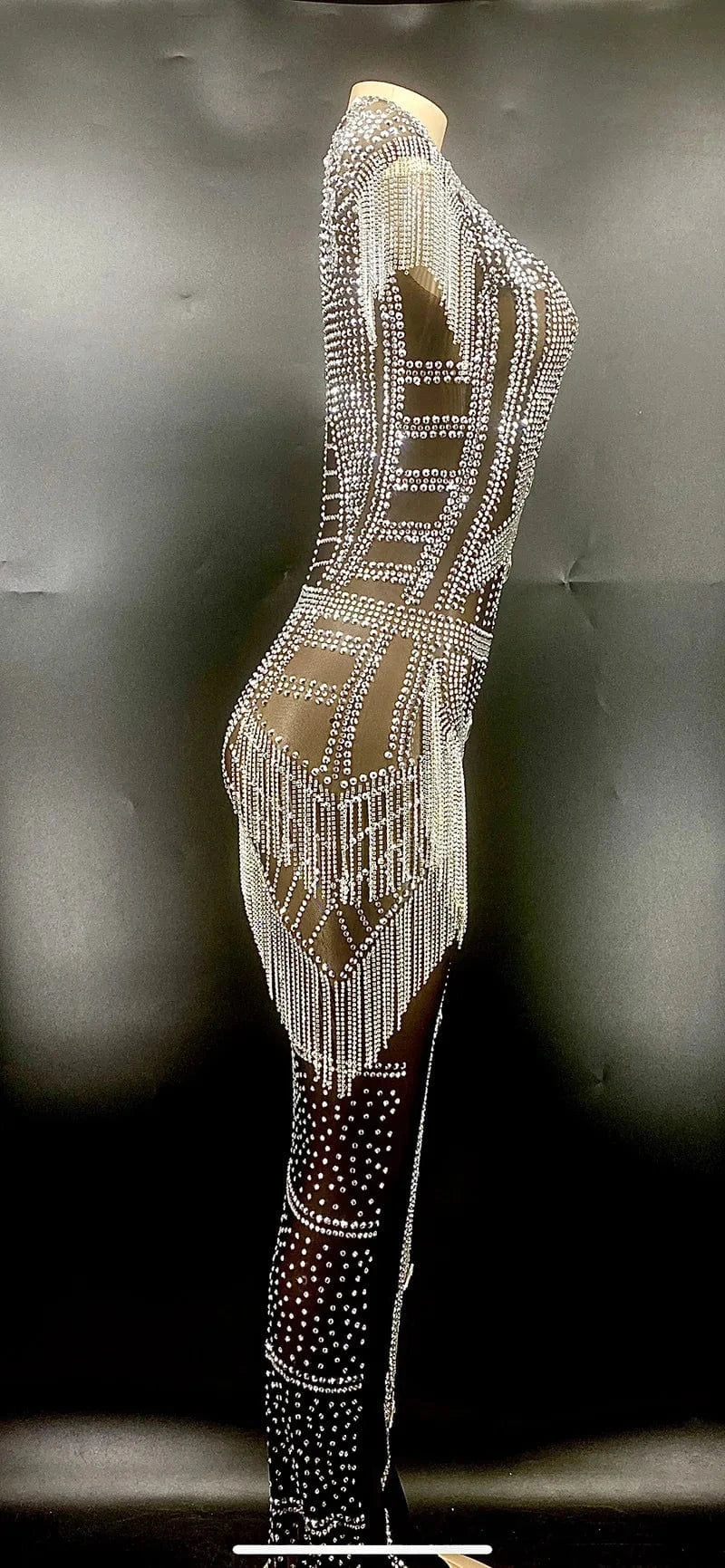 Missheko Silver Crystal Fringes Black Mesh Transparent Long.