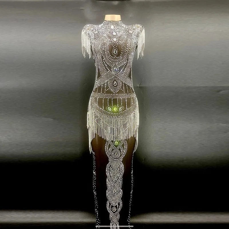 Missheko Silver Crystal Fringes Black Mesh Transparent Long.