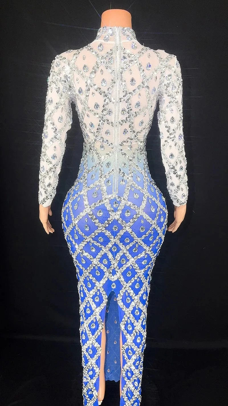 Missheko Silver Rhinestone Long sleeved Long Dress.