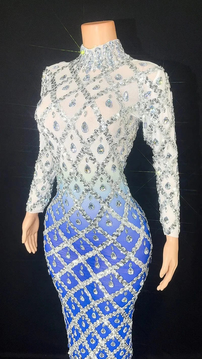 Missheko Silver Rhinestone Long sleeved Long Dress.