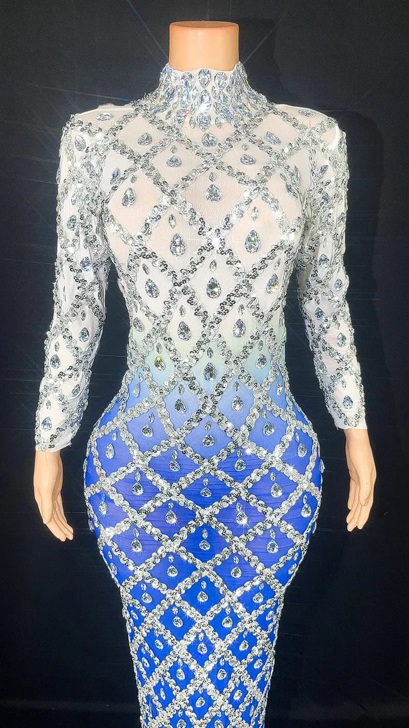 Missheko Silver Rhinestone Long sleeved Long Dress.