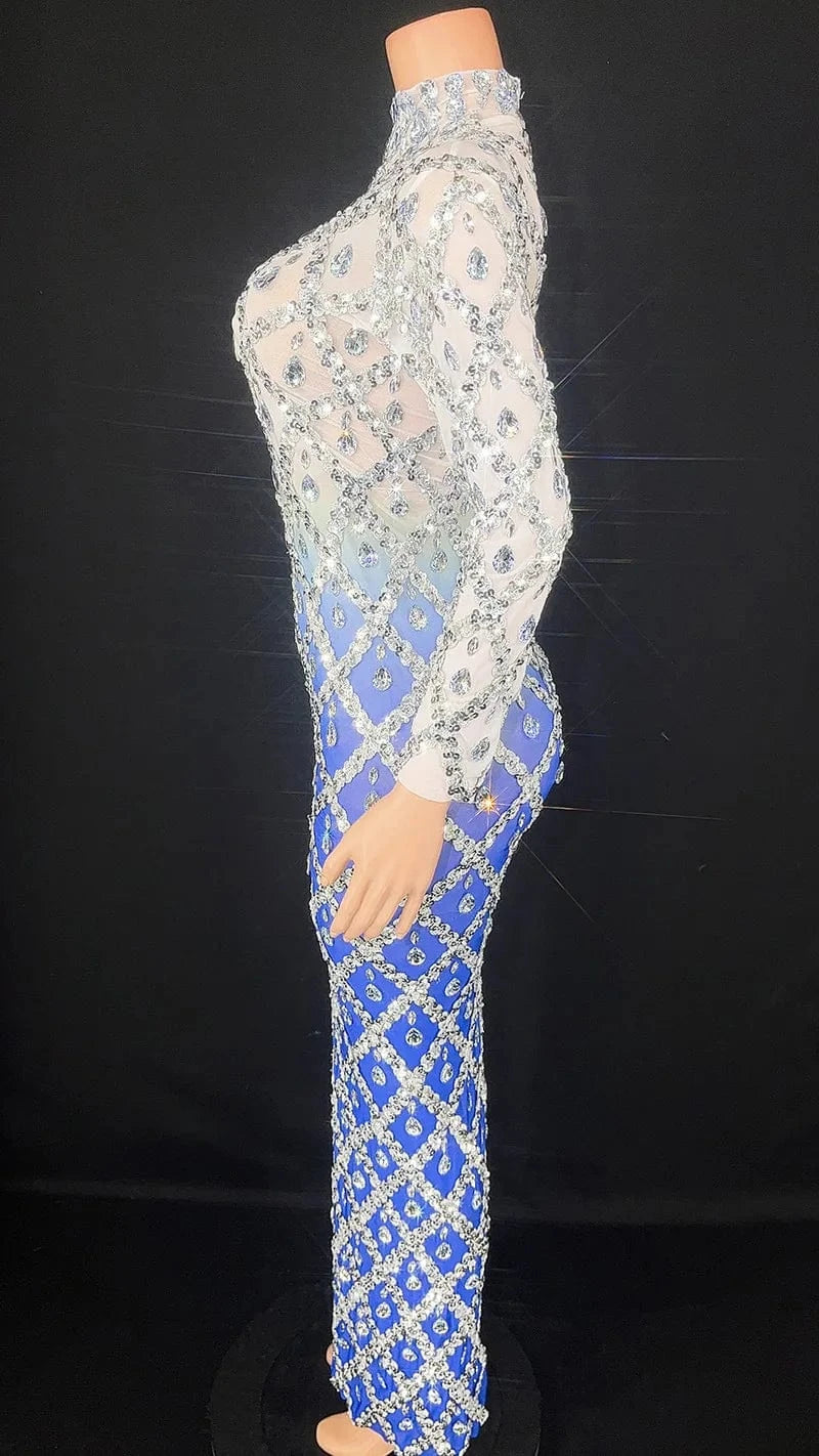 Missheko Silver Rhinestone Long sleeved Long Dress.
