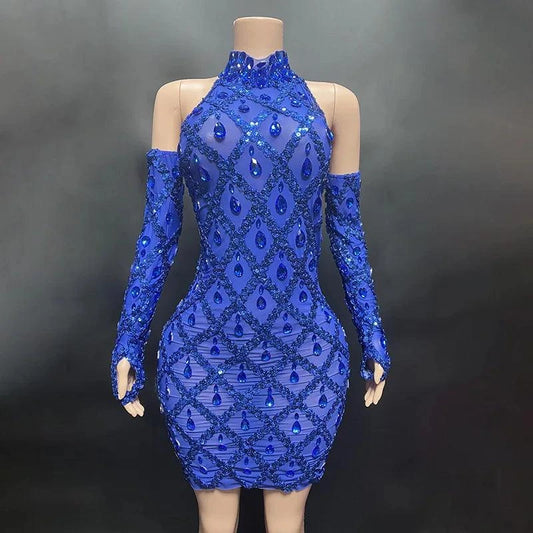 Missheko Silver Sequins Rhinestones Mesh Dress.